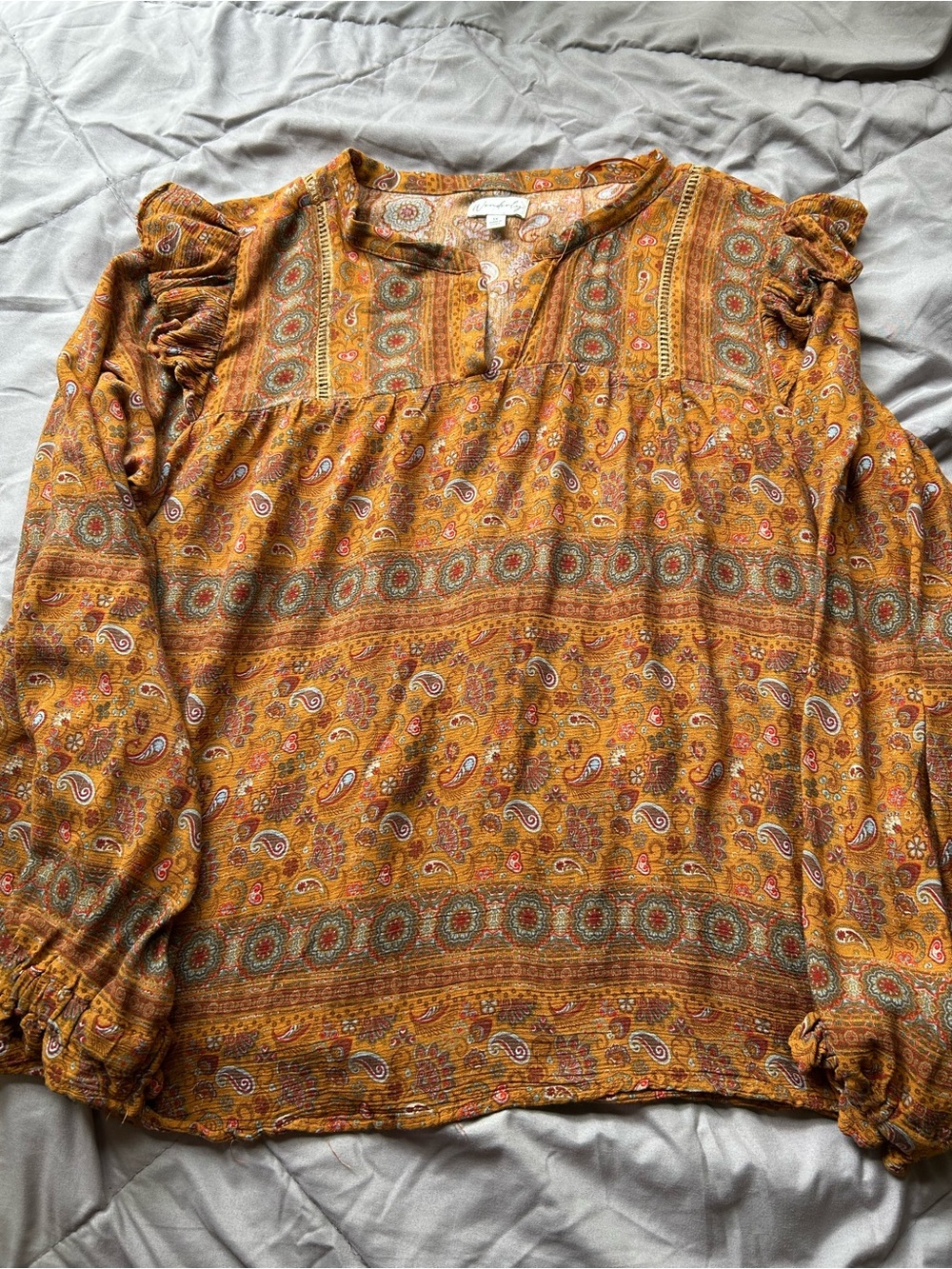 💚3/$25 1X Wonderly Mustard Paisley Ruffle-Sleeve Blouse